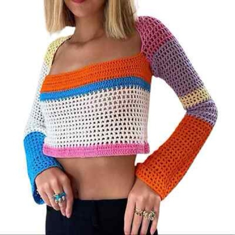 Sunloudy Knit Long Sleeve Crochet Square Collar Sweater Crop Top